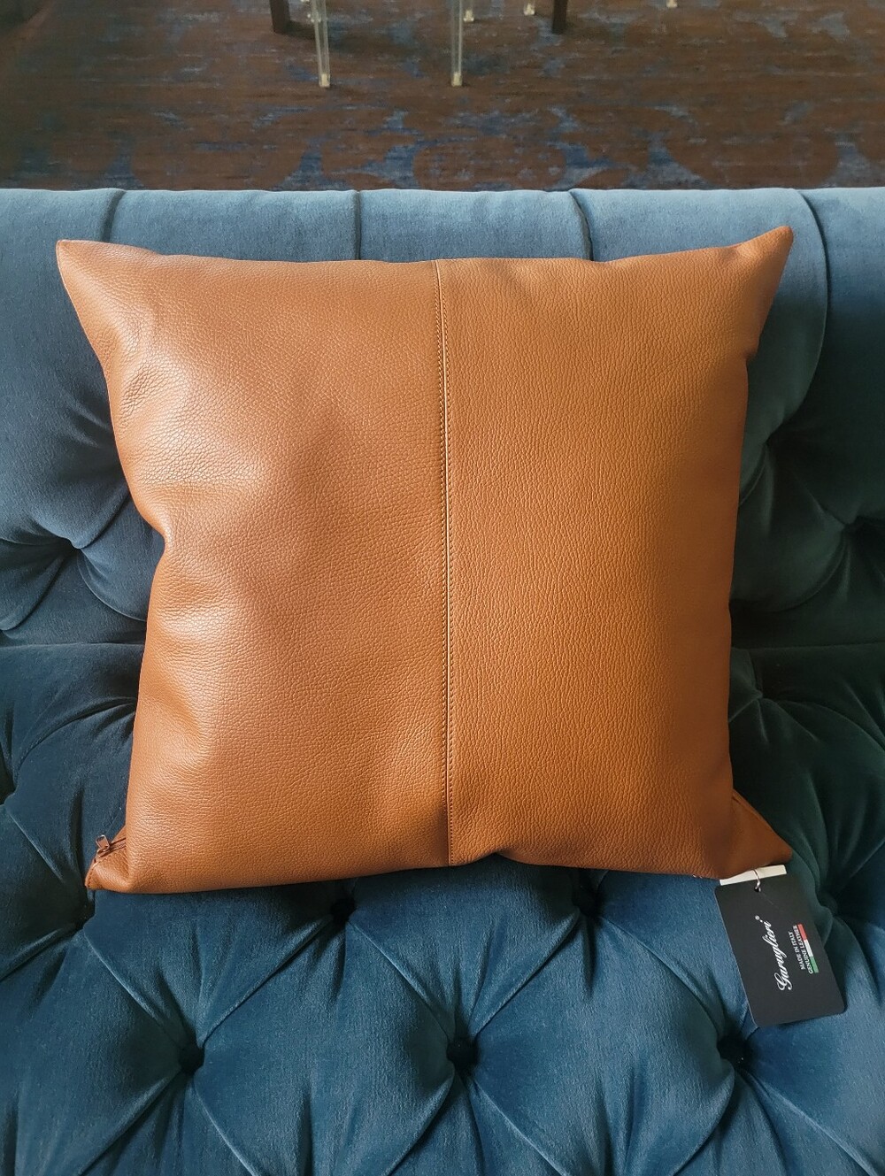 GARUGLIERI ITALY Tan Brown genuine premium full-grain Leather Pillow 20x20 in